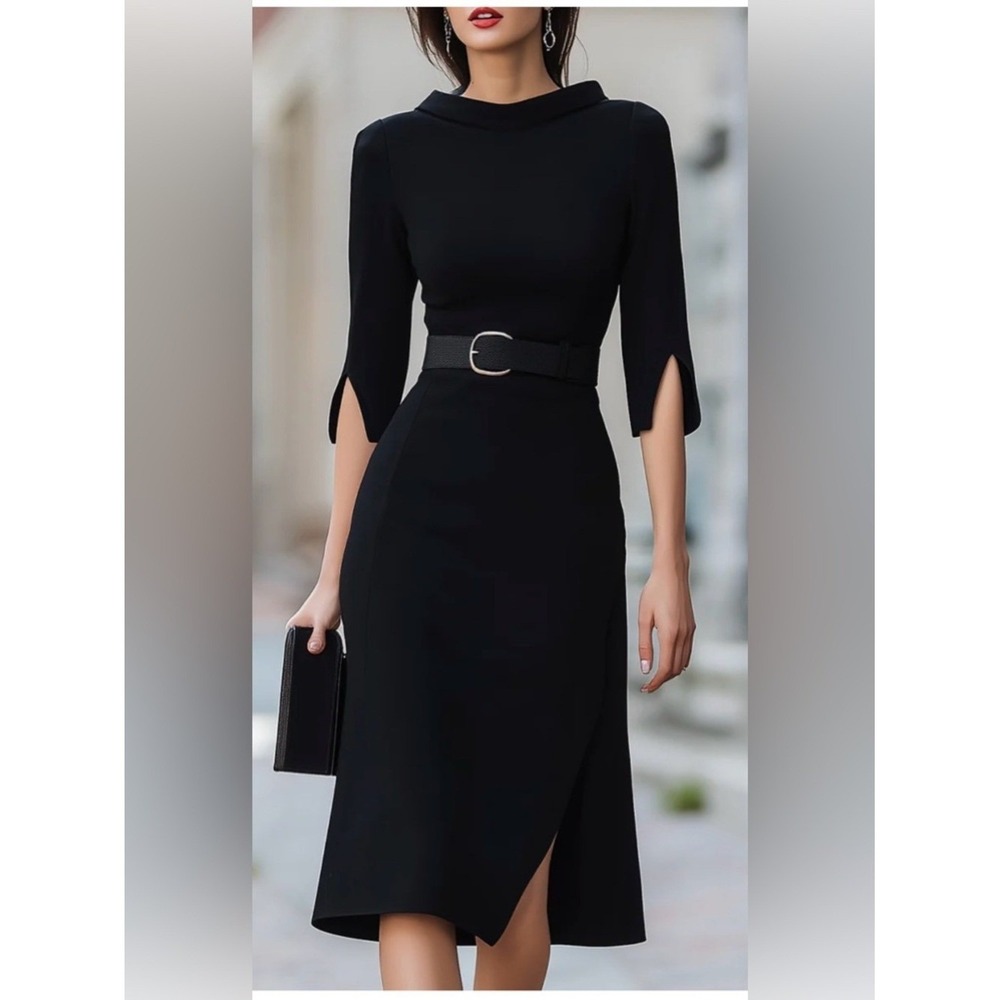 Mooyius Black Midi Dress Elegant Belted Split Sleeve Size L NWT